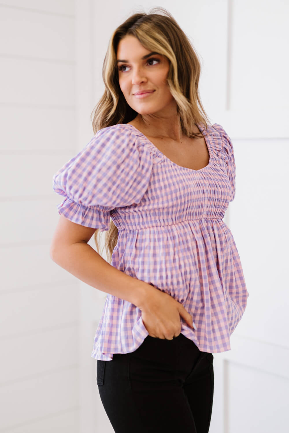 Purple Plaid Smocked Babydoll Top