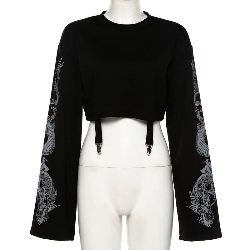 Dragon Printed Poof Sleeve Black Sweater Crop Top