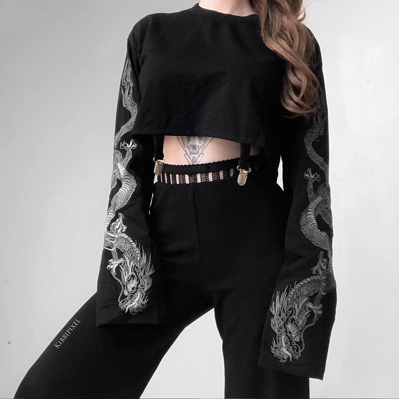 Dragon Printed Poof Sleeve Black Sweater Crop Top