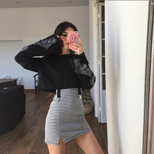 Dragon Printed Poof Sleeve Black Sweater Crop Top