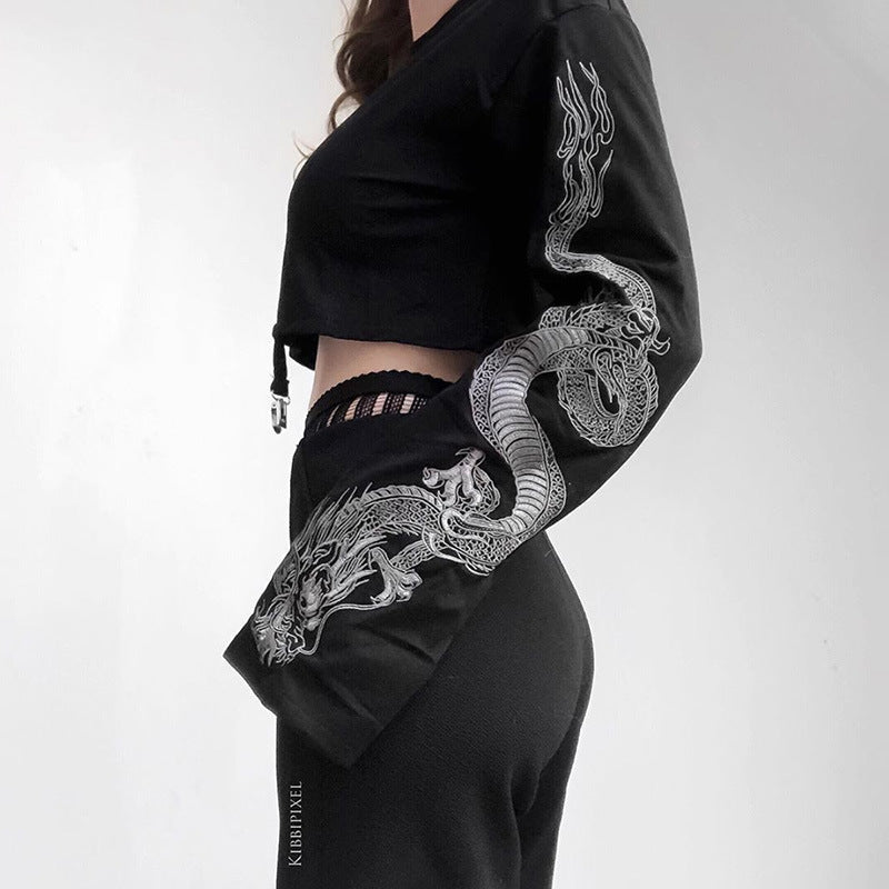 Dragon Printed Poof Sleeve Black Sweater Crop Top