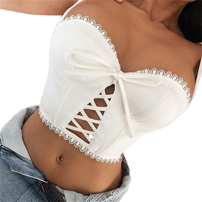 Heart Neck Hollowed Out Mock Lace Up Crop Top