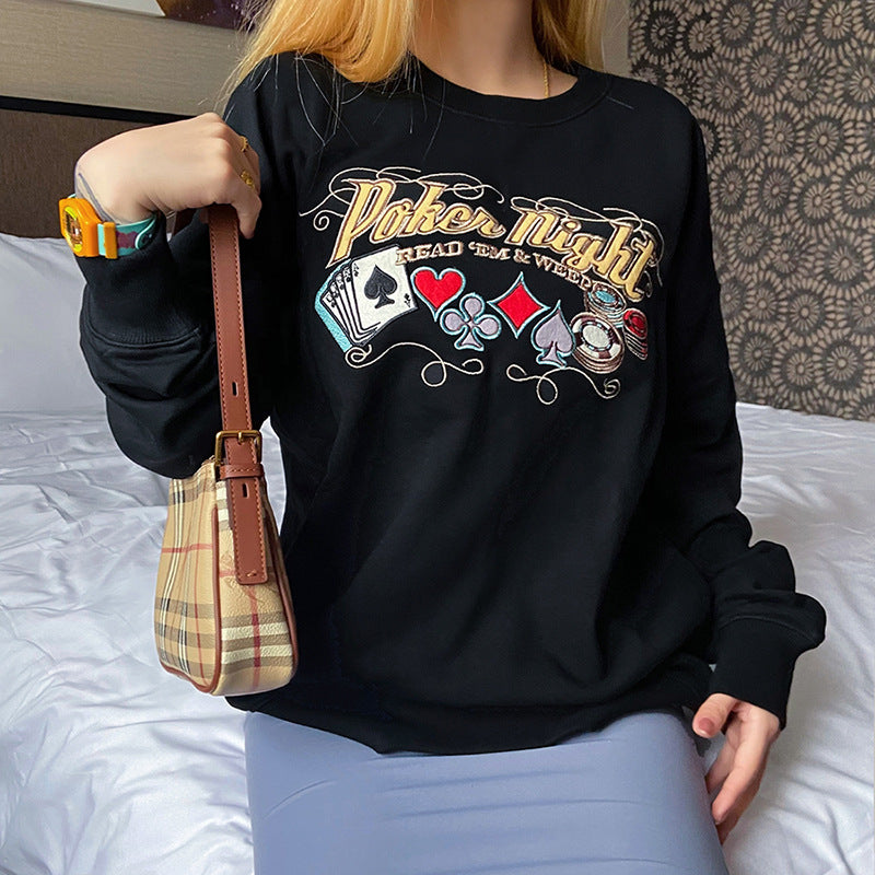 Casual Crewneck embroidered "Poker Night; Read 'em & Weep"