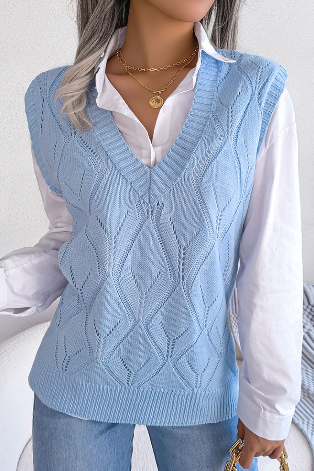 Openwork Ribbed Trim Sweater Vest