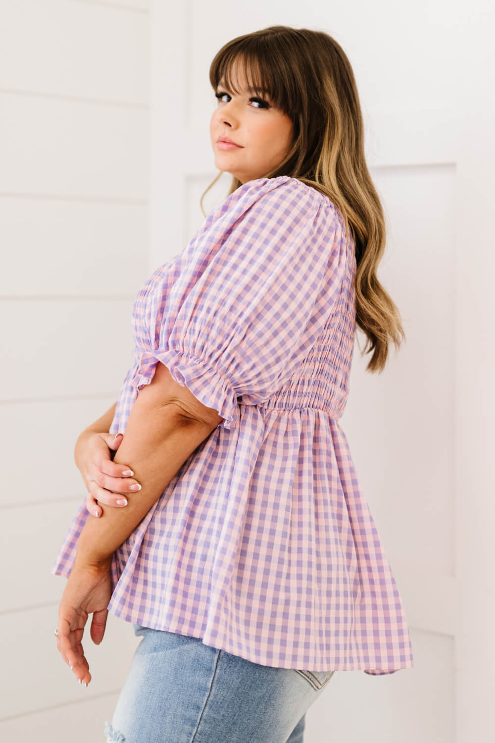 Purple Plaid Smocked Babydoll Top