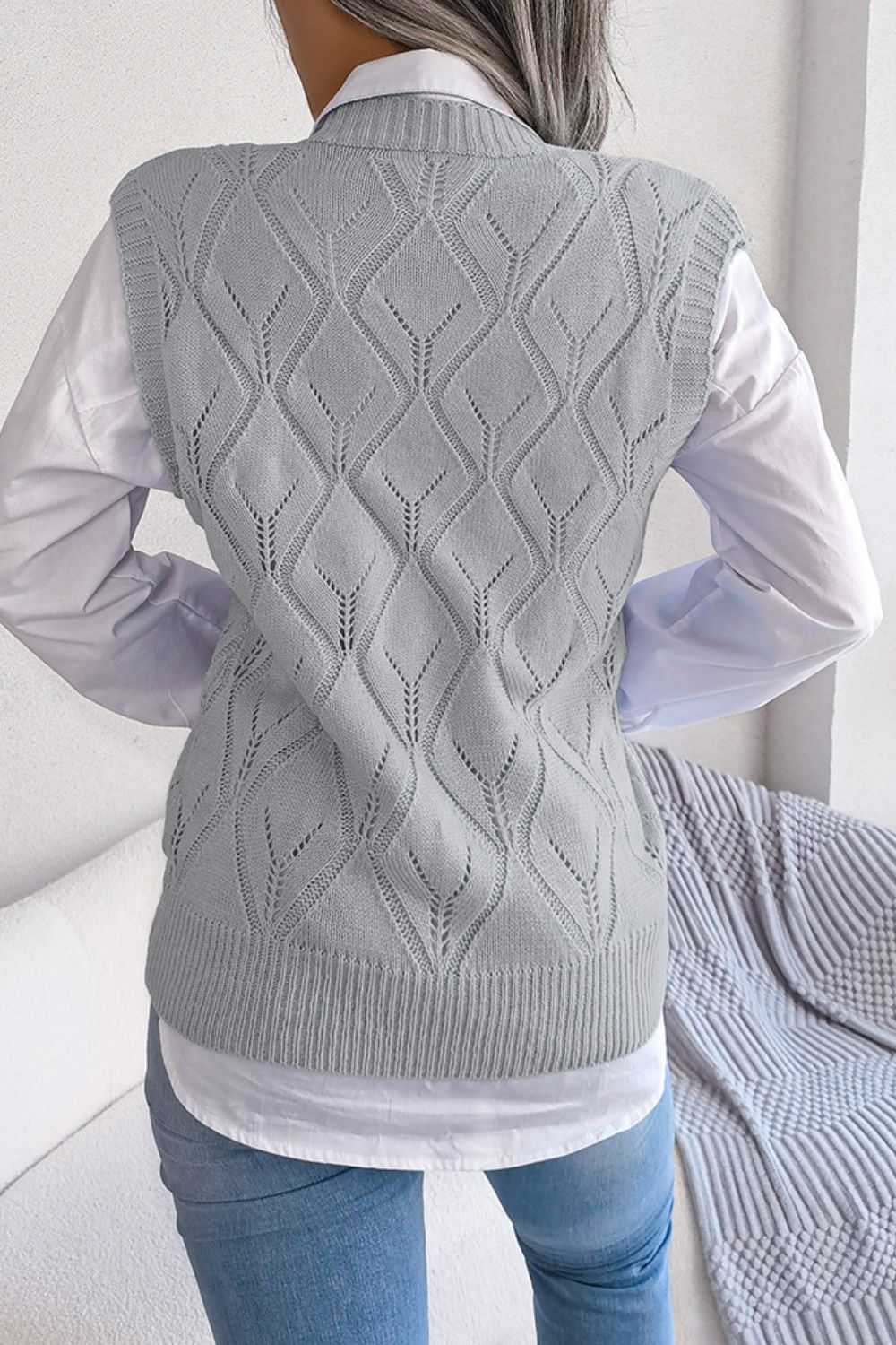 Openwork Ribbed Trim Sweater Vest