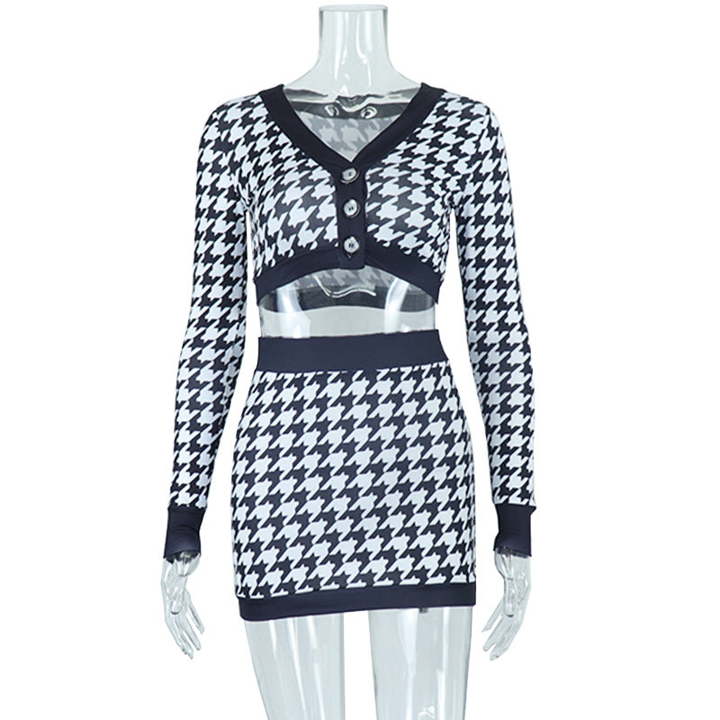 Star Checkered Long Sleeve Button Crop Top & Mini Skirt Set