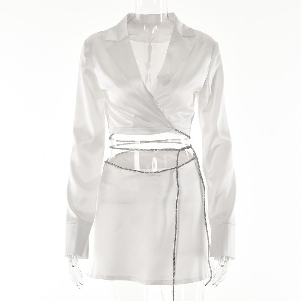 Long Sleeve Cropped Blazer & Mini Skirt Rhine Stone Lined Set