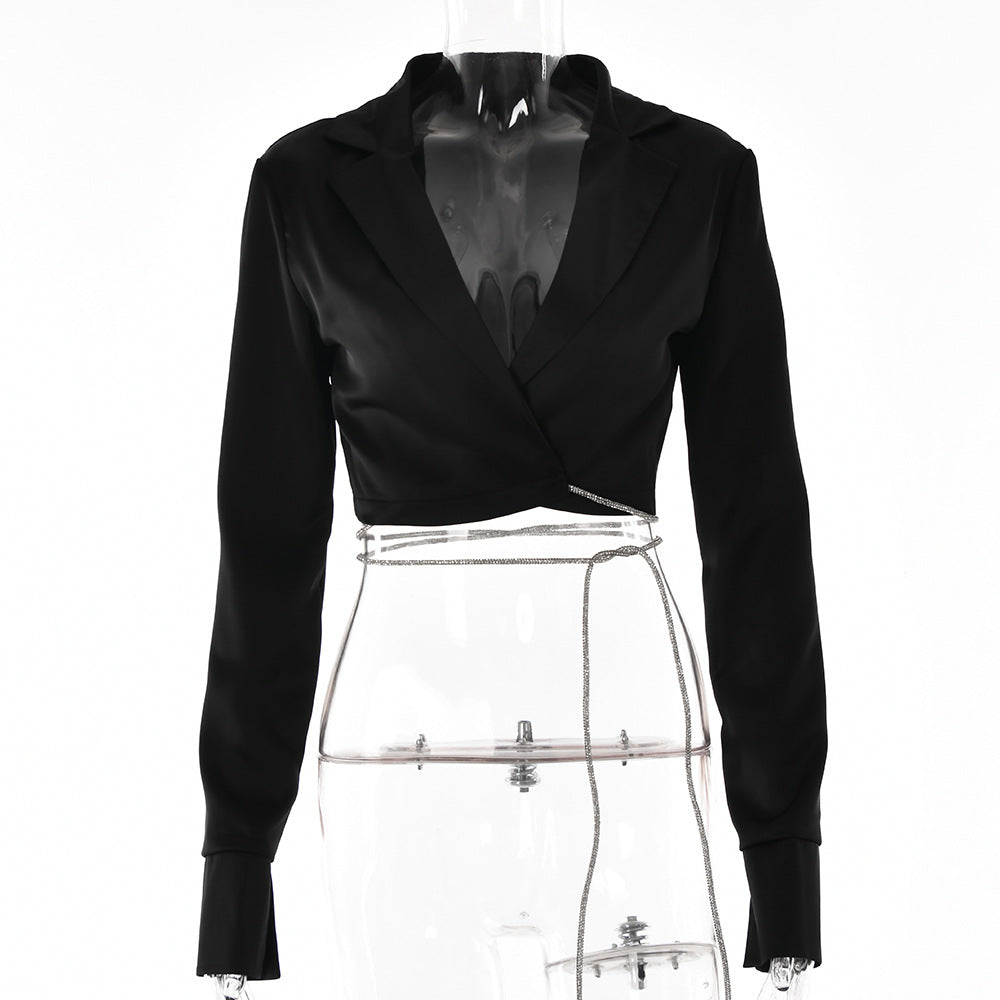 Long Sleeve Cropped Blazer & Mini Skirt Rhine Stone Lined Set