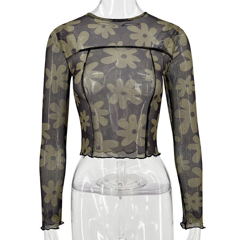 Flower Printing Long-sleeved See Through Top