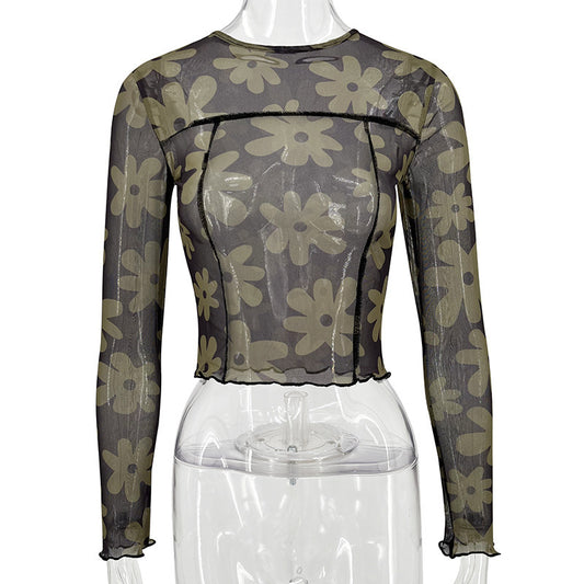 Flower Printing Long-sleeved See Through Top