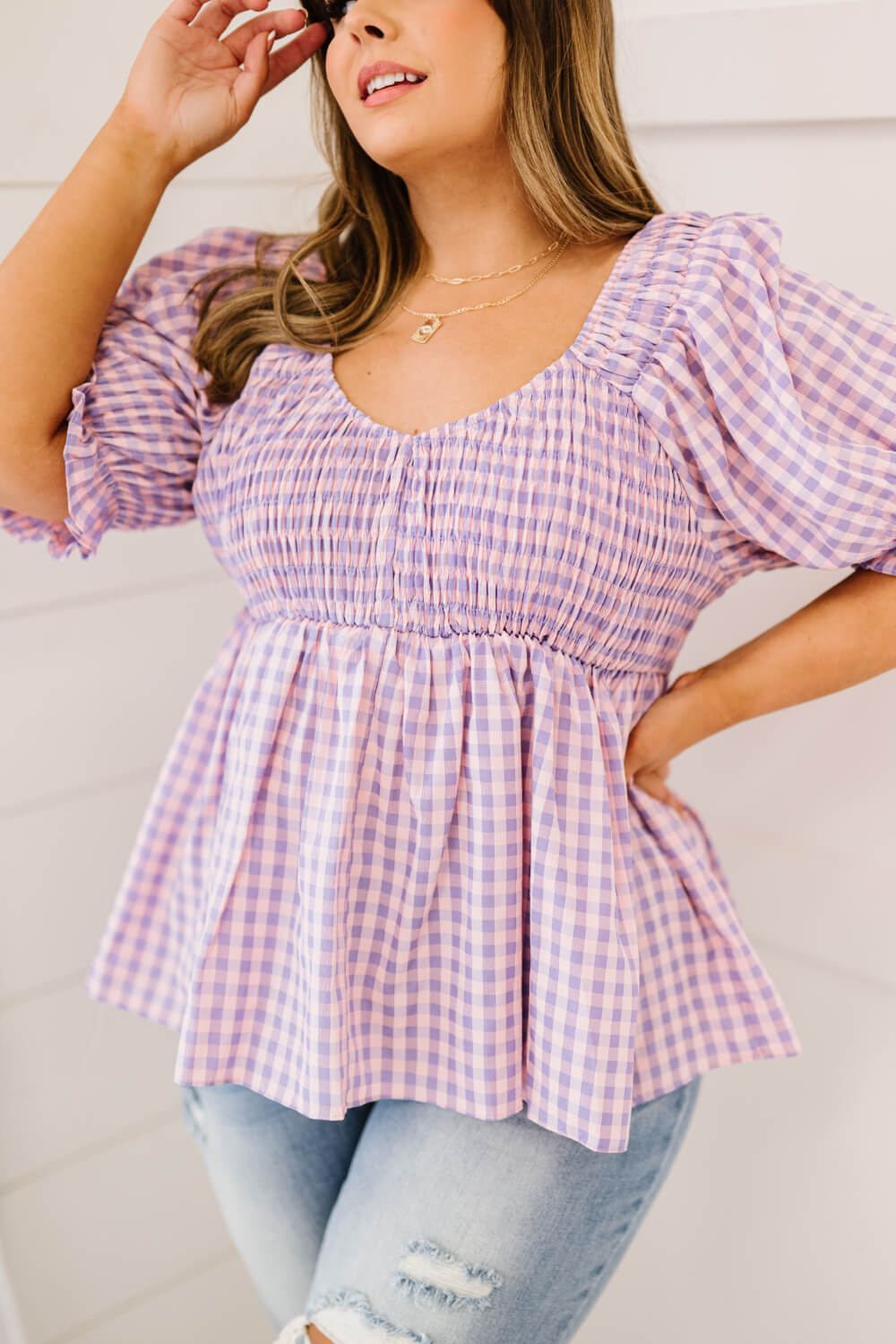 Purple Plaid Smocked Babydoll Top