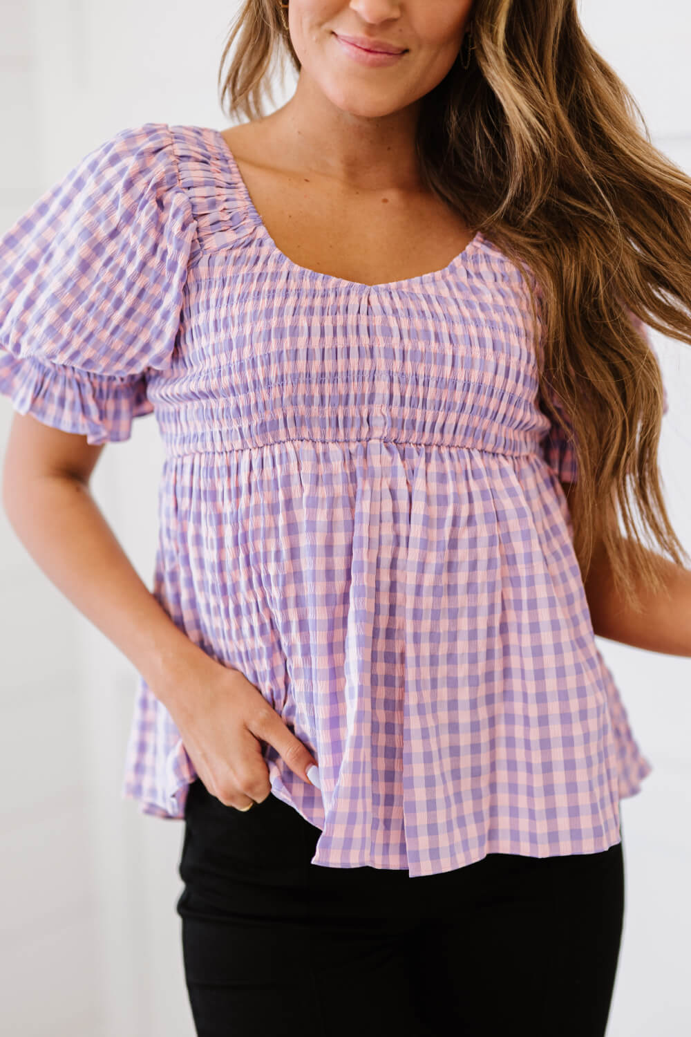 Purple Plaid Smocked Babydoll Top