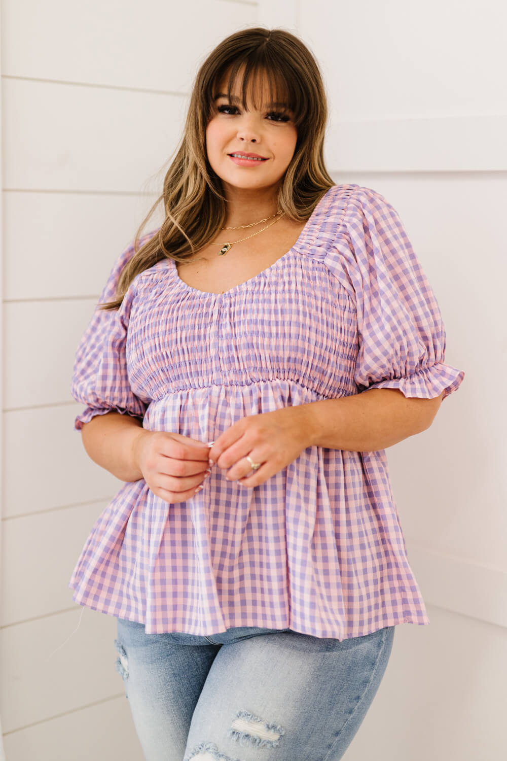 Purple Plaid Smocked Babydoll Top