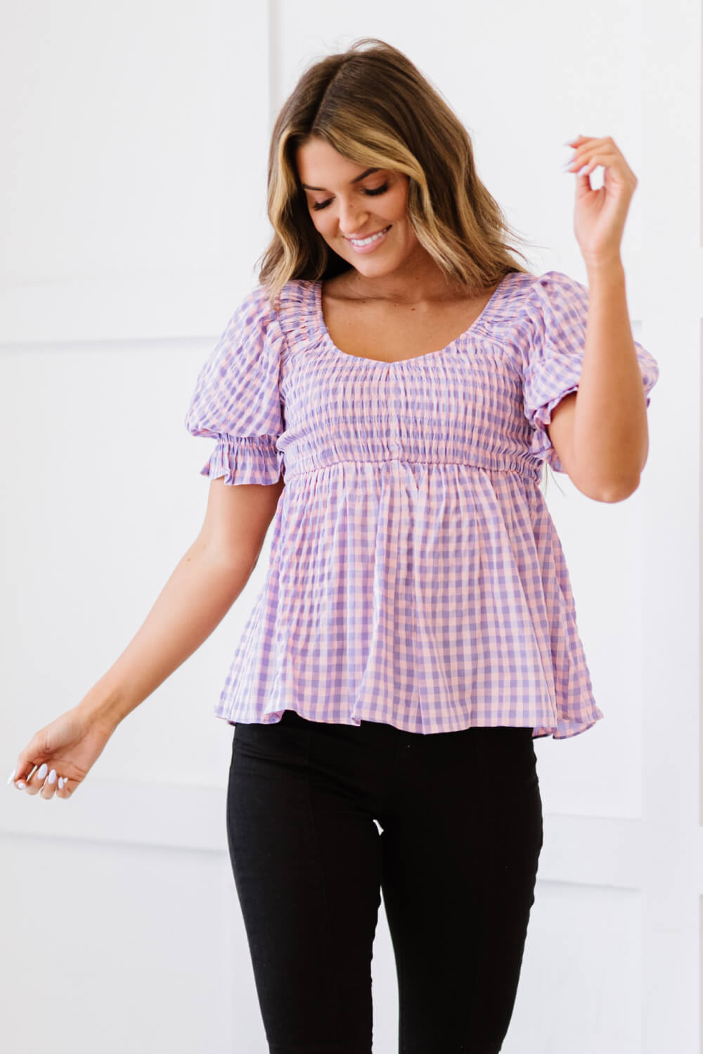 Purple Plaid Smocked Babydoll Top