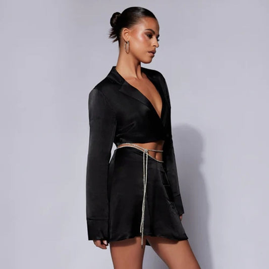 Long Sleeve Cropped Blazer & Mini Skirt Rhine Stone Lined Set